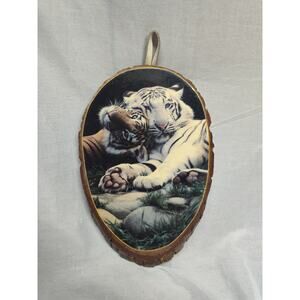 Vintage 1970s Lacquered Wooden Hanging With White Tiger And Bengal Tiger Laying